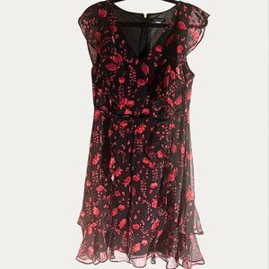 Tommy Hilfiger Black & Red Floral Ruffle Dress | Size 10 | Sheer Chiffon | NWT/N